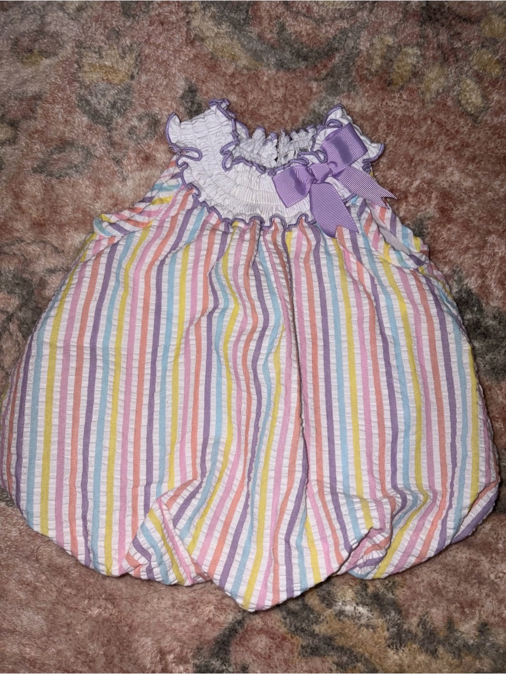 Rare Editions Pastel Rainbow Stripe Bubble Romper with Lavender Bow